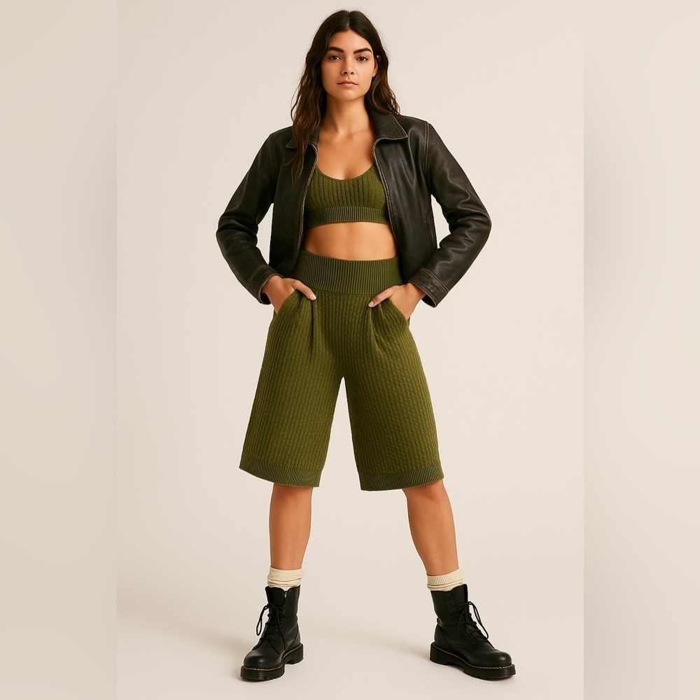 Divine Knits by Judit Womens Olive Cable Knit Shorts Cozy Boho Free People Style